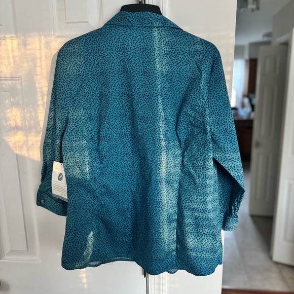 Jaclyn Smith Women's XL Teal Blue Button Down Shirt Blouse 3/4 Roll-Tab Sleeve - Picture 3 of 10